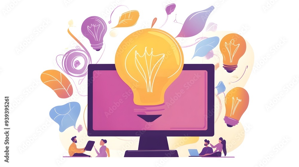 Poster modern of remote team brainstorming via video call with lightbulb doodles