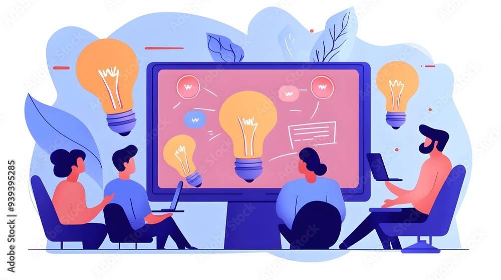 Poster modern of virtual team brainstorming via video call with lightbulb doodles