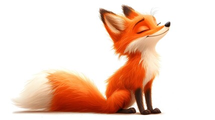Obraz premium Happy Fox Illustration: A cartoon red fox with a fluffy tail, closed eyes, and a content smile, conveying a sense of joy and peace. Perfect for children's books, branding, and playful designs. 