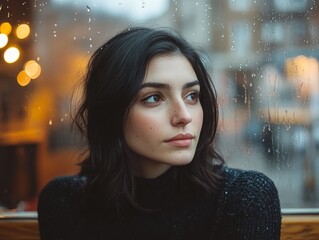 Melancholy Gaze Through a RainStreaked Window A Womans Face framed by blurred city lights and raindrops
