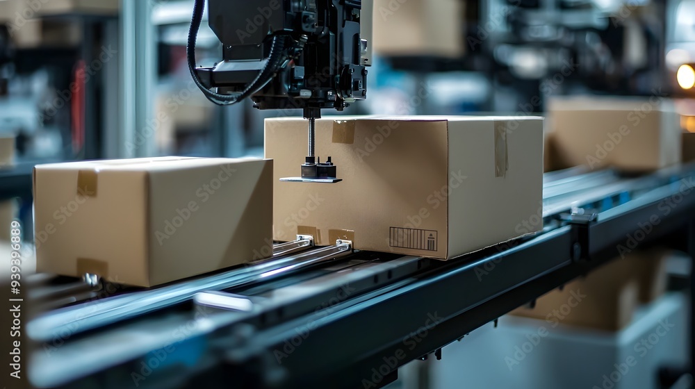 Poster close-up view of automated cardboard box sealing process on assembly line