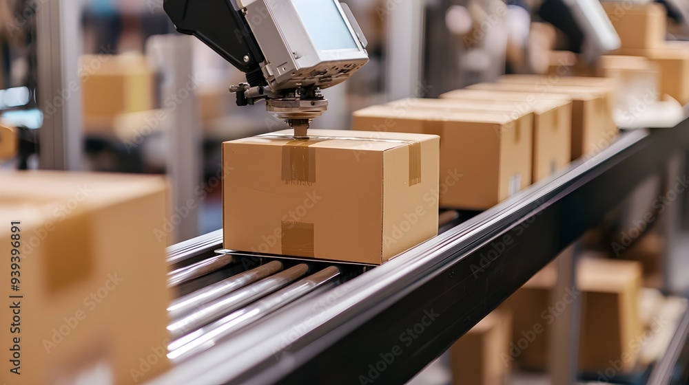 Poster automatic cardboard box sealing on an assembly line for efficient packaging and shipping processes