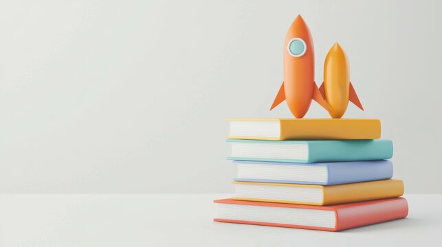 Set of quirky science books for kids, stacked, isolated on white background, 3D illustration