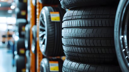 A Neatly Stacked Display of Brand New Automotive Tires in a Modern Tire Shop