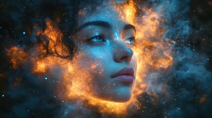 ethereal portrait of a woman with bioluminescent freckles and hair made of flowing aurora borealis set against a cosmic background of nebulae and stardust