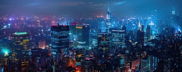 Obraz premium Aerial night view of a bustling cityscape with illuminated skyscrapers and vibrant lights creating a stunning urban atmosphere.