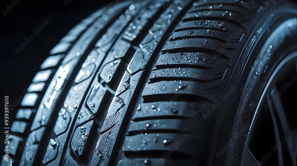 Poster detailed close-up of a durable new car tire with intricate tread pattern
