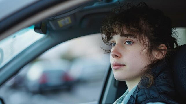 A teenager parallel parking during a driving lesson, concentrating and mastering the skill