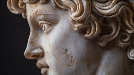 Obraz premium Close-up of a classical marble statue's face, showcasing detailed features and intricate craftsmanship against a dark background.