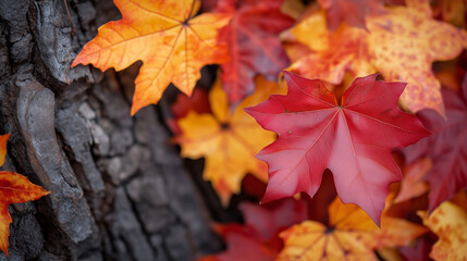 Autumn has arrived, the maple leaves start to turn yellow and red, and the leaves begin to fall. This is used to depict the typical scenery of autumn or to evoke the atmospheric feeling of the season.