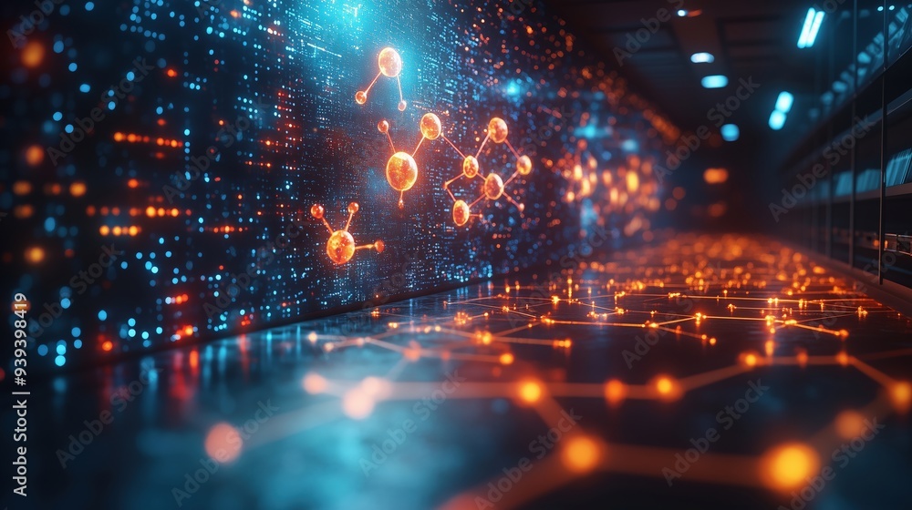 Poster a futuristic classroom where students interact with holographic atoms and molecules in a digital lea
