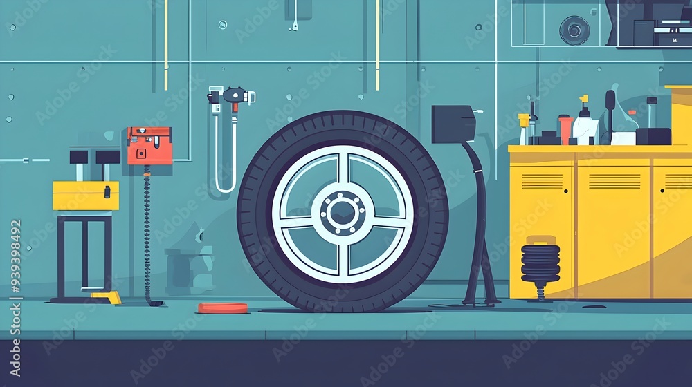 Poster auto mechanic working in garage workshop with tools and car tire