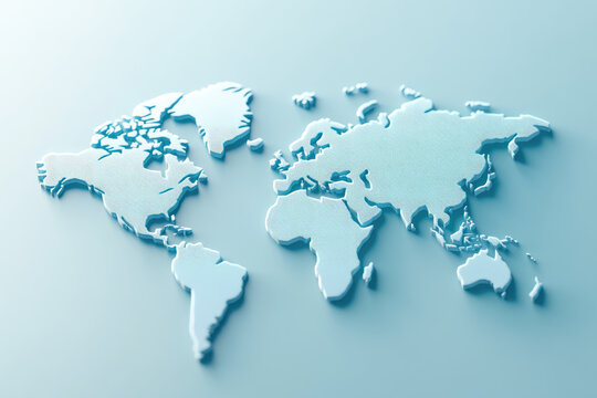 Stylized world map in soft blue tones, representing global connectivity and international exploration in a modern design.