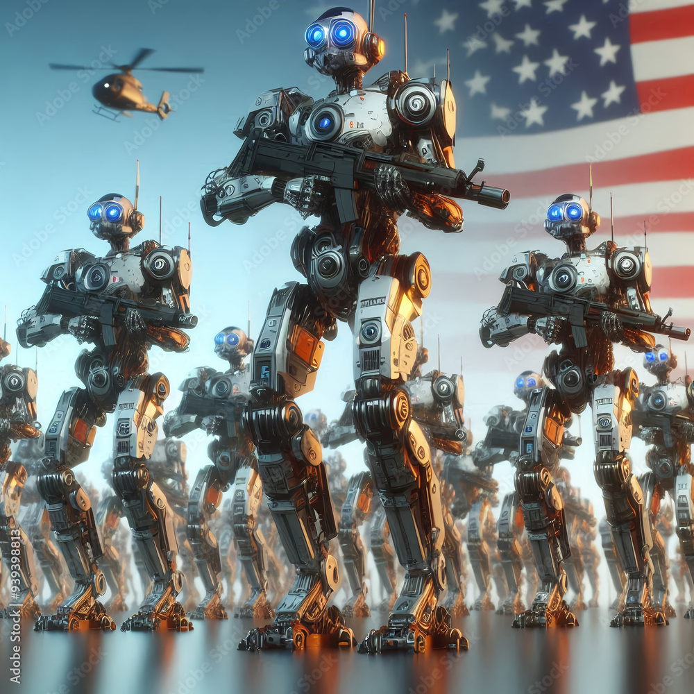Poster usa robots army 3d rendered with american flag in the background