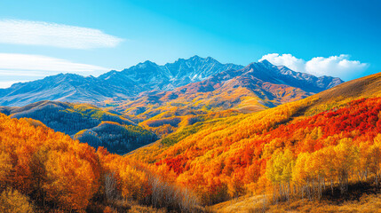 Colorful autumn foliage covers rolling hills beneath snow-capped mountains and a clear blue sky, perfect for nature blogs, travel websites, and seasonal promotions