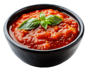 PNG Fresh tomato sauce with basil in a black bowl