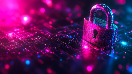 Cybersecurity concept featuring a high-tech digital lock on a neon-lit circuit board, symbolizing data protection and information security suitable for tech, IT, and security-focused content,