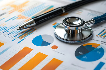 Medical Research and Financial Analysis with Stethoscope Charts and Graphs on Desk