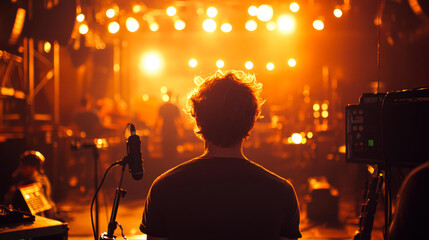 A person stands in front of a microphone on a vibrant stage, bathed in warm lights, suggesting a music concert or live performance setting, This photo could be used for promotional materials