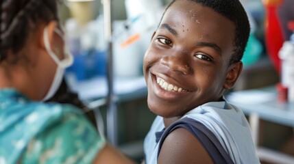 Fototapeta premium A teenager receiving a vaccine at a clinic, smiling and showing bravery
