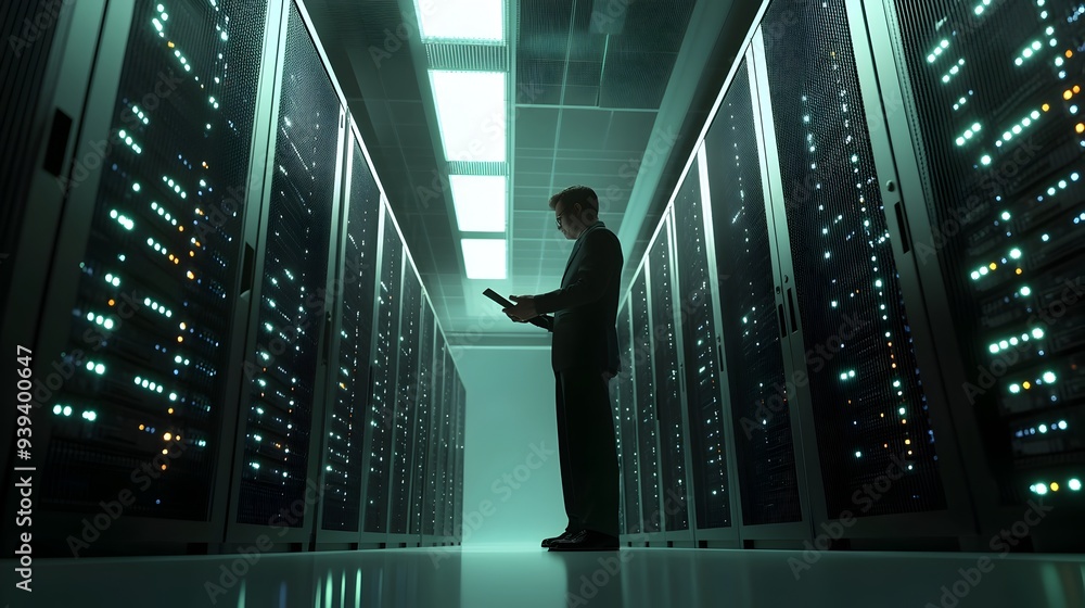 Poster technician examining mainframe servers in digital datacenter with connectivity and cloud services
