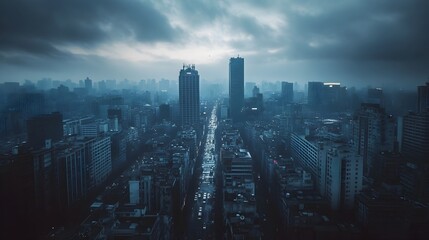 Fototapeta premium Dramatic Cityscape Skyline Under Ominous Storm Clouds in Metropolis Urban Landscape