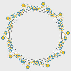 Elegant Botanical Wreath with Yellow Flowers and Blue Leaves on White Background