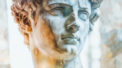 Close-up of an ancient marble statue's face, showcasing detailed craftsmanship and classical beauty in soft light.