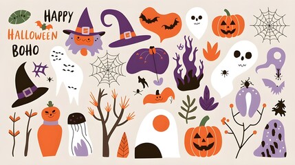 Halloween-themed vector illustration: an orange banner with a sinister pumpkin, creepy spiders, and swooping bats