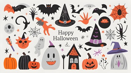 Halloween Boho Vibes Abstract Set. Mystical Magic Collection Clip Art in a Hand-Drawn Bohemian Style. Creative Aesthetic Doodle Elements. Vector Illustration