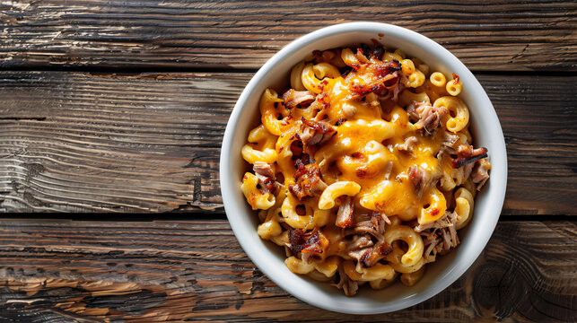 Rustic wooden table with a bowl of macaroni and cheese topped with pulled pork