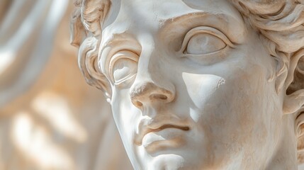 Obraz premium Close-up of classical marble statue face with soft shadows and intricate details, showcasing fine craftsmanship and serene expression.