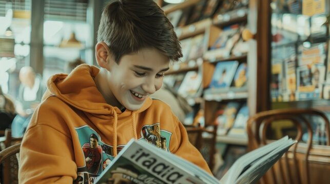 A teenager reading a comic book at a local library , laughing at the humorous scenes