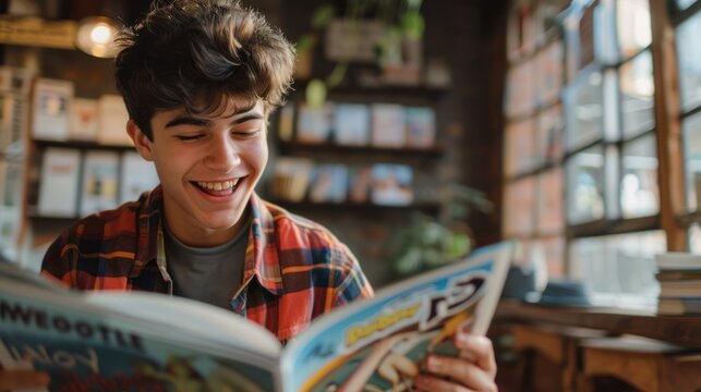 A teenager reading a comic book at a local library, laughing at the humorous scenes