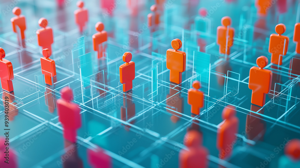 Poster an abstract visual featuring orange human figures interconnected within a digital grid, representing