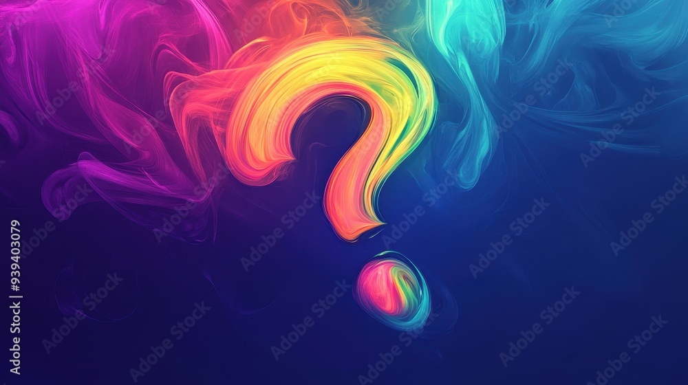 Poster a colorful question mark surrounded by vibrant smoke-like patterns.