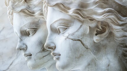 Naklejka premium Close-up of two classical marble statues depicting serene faces, showcasing intricate details and timeless beauty.