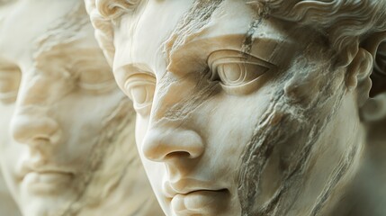 Close-up of two classical marble statues with intricate details, showcasing historical artistry and fine craftsmanship in marble sculpting.