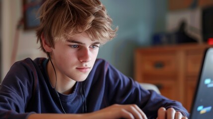A teenager playing a computer game on a laptop, fully engaged and concentrating
