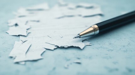 Close-up of black pen with torn paper pieces on a light blue background..