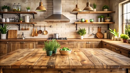 Obraz premium Rustic kitchen countertop with wooden table in blurred background, perfect for rustic home decor