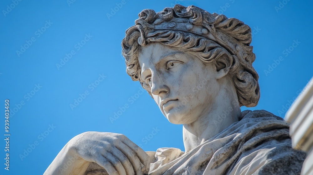 Wall mural Close-up view of an ancient marble statue with detailed facial features and curly hair against a clear blue sky.