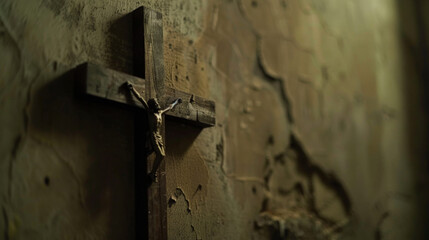 Cinematic close up of a simple wooden crucifix on the wall, slight perspective angle