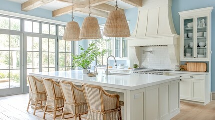 White Kitchen Island with Wicker Chairs View from the Counter Natural Light and Exposed Beam Farmhouse Design