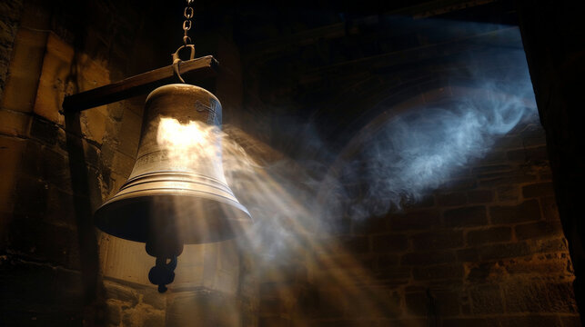 A large medieval church bell moves out of the darkness and swings into a shaft of light