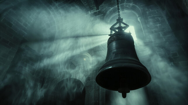 A large medieval church bell moves out of the darkness and swings into a shaft of light