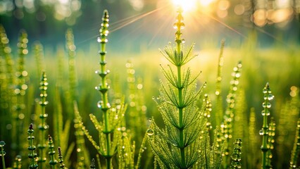 Dewy field horsetail plant in morning light, showcasing green growth in the wild outdoors
