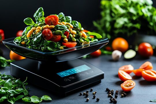 A digital kitchen scale with a large, easy-to-read display, used to measure ingredients for a complex recipe, emphasizing precision in cooking