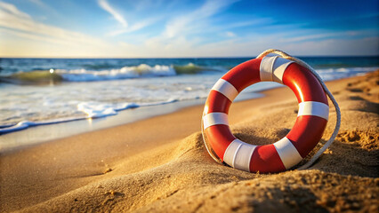 Naklejka premium Life buoy on the yellow sand beach near blue sea with active waves under blue sky.