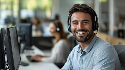 Obraz premium Mixed Race Man IT Support - Call center, customer service, headset, office, smiling, business, employee, worker, professional, computer, desk, technology, team